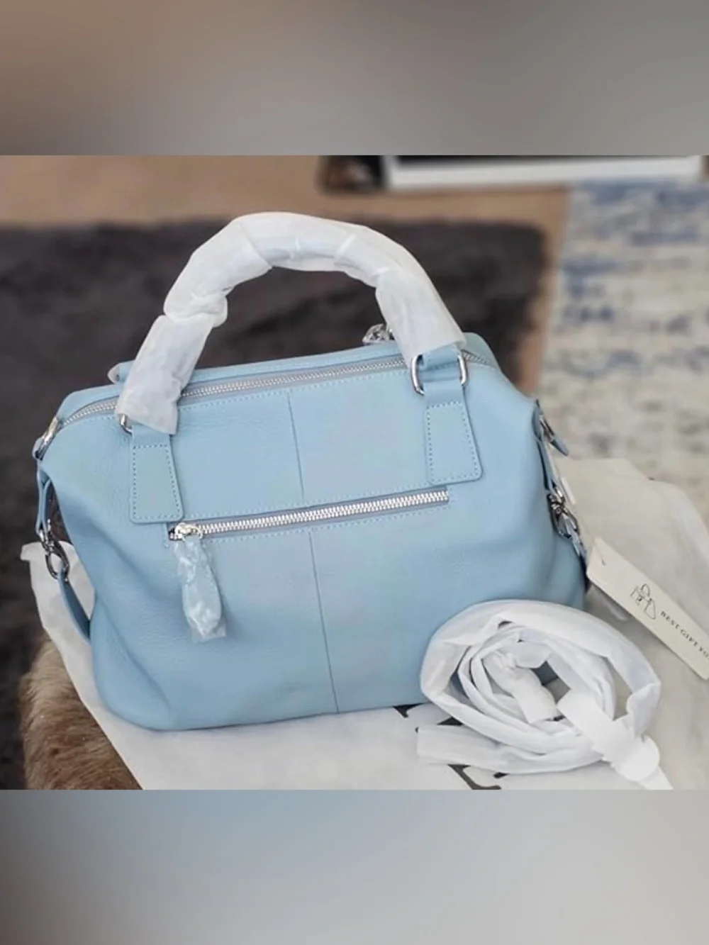 Light Blue Leather Satchel Handbag with Tassel